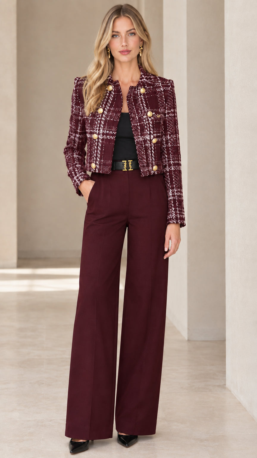 Model wearing rich burgundy plaid cropped tweed jacket with matching wine trousers