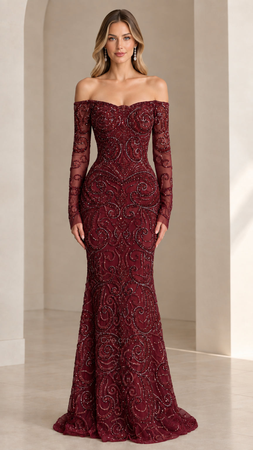 Front view of burgundy wine beaded off-the-shoulder formal gown