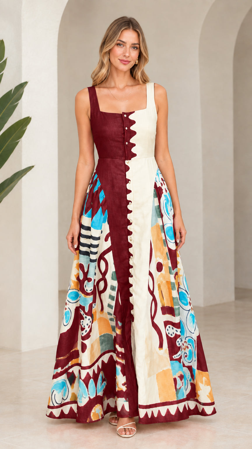 Front view of wine red and cream abstract printed button-front maxi dress