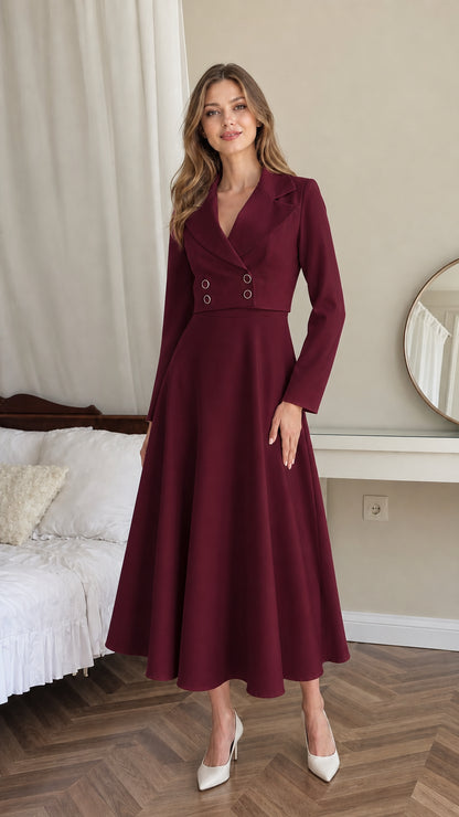Front view of model wearing burgundy double-breasted blazer midi dress