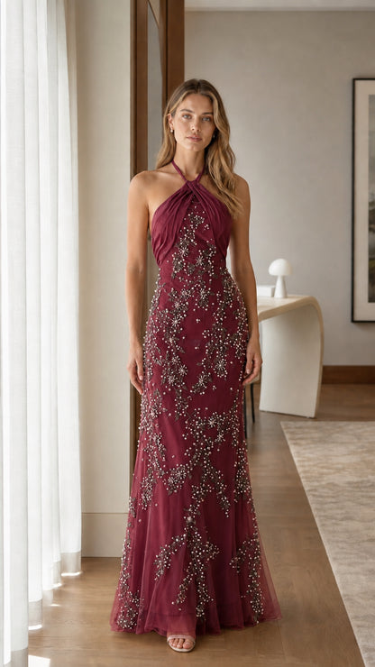 Burgundy halter neck beaded floral maxi evening dress
