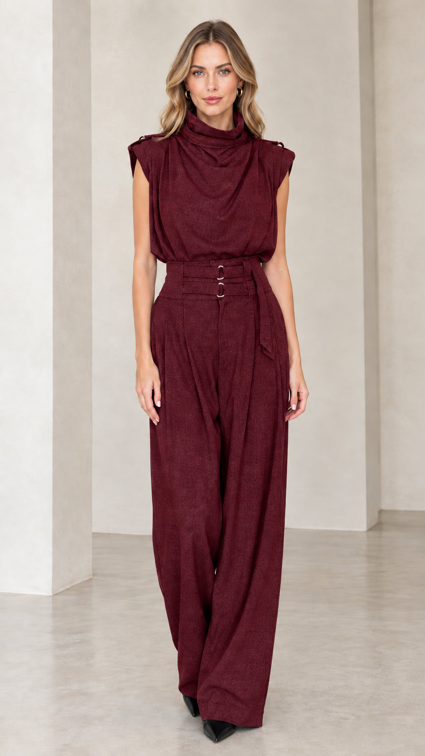 Model wearing burgundy wine sleeveless drape high neck wide leg jumpsuit