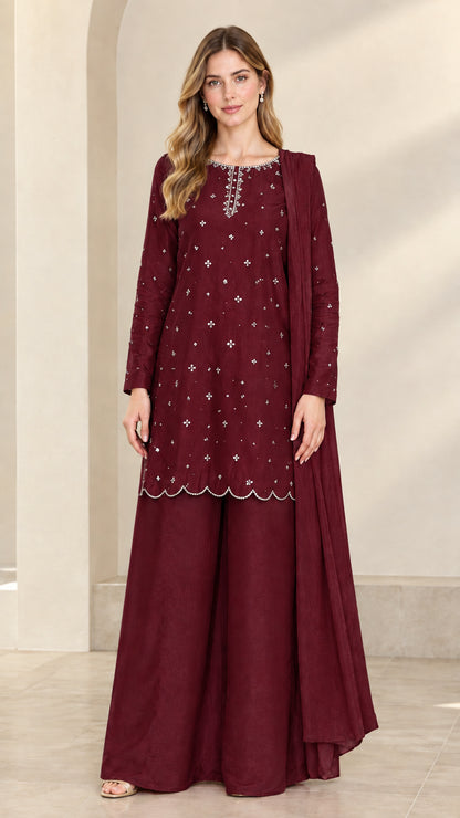 Full-length front view of burgundy wine embellished tunic and wide-leg trousers set