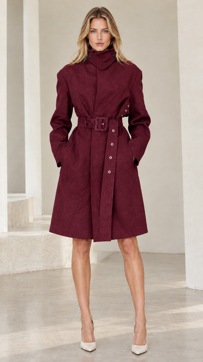 Front view of woman wearing Burgundy stand collar belted trench coat