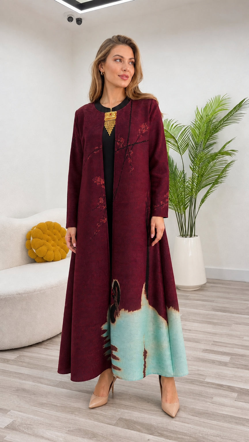Burgundy wine red modest maxi dress with floral print and teal hem