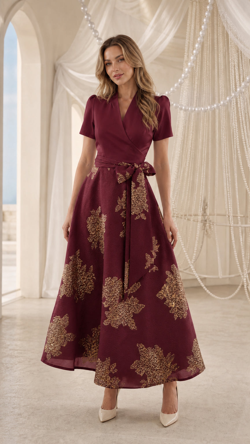 Model wearing Burgundy floral jacquard wrap midi dress
