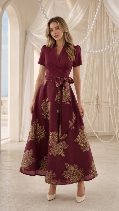Model wearing Burgundy floral jacquard wrap midi dress