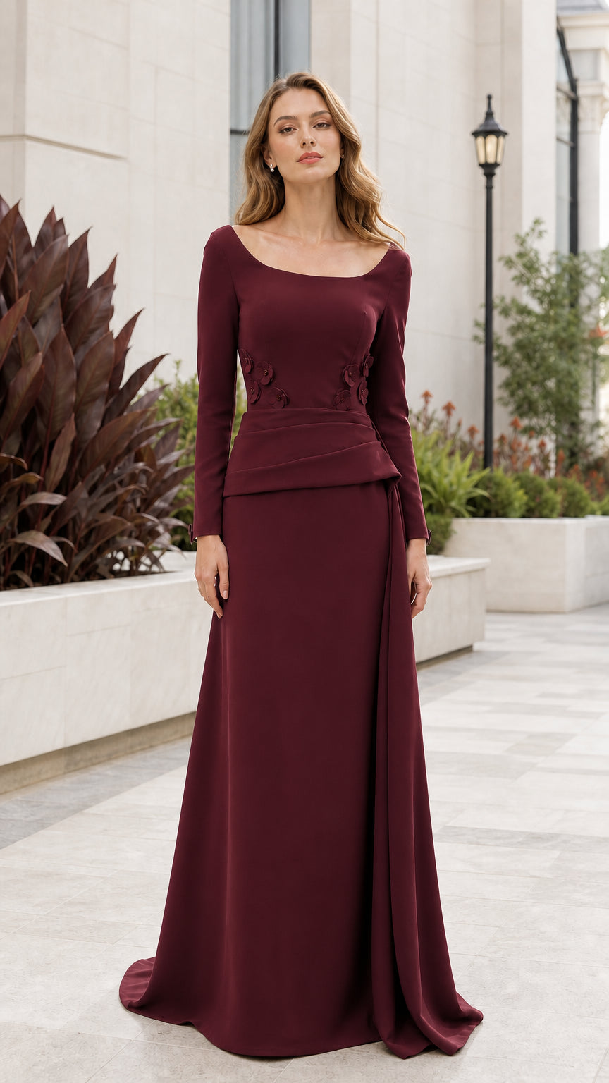 Front view of burgundy long sleeve formal evening dress