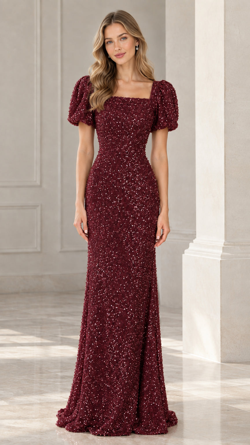 Model wearing burgundy wine puff sleeve square neck sequin formal evening gown