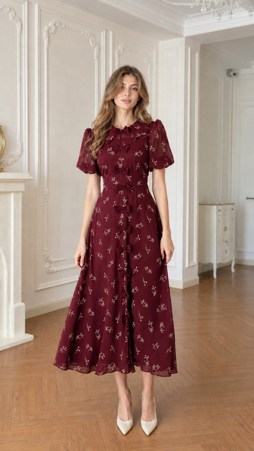 Full front view of burgundy wine red floral bow-front midi dress