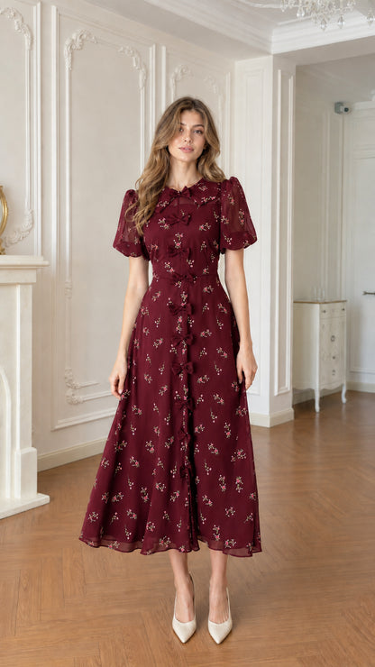Full front view of burgundy wine red floral bow-front midi dress