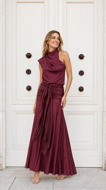 Front view of burgundy draped maxi dress variant