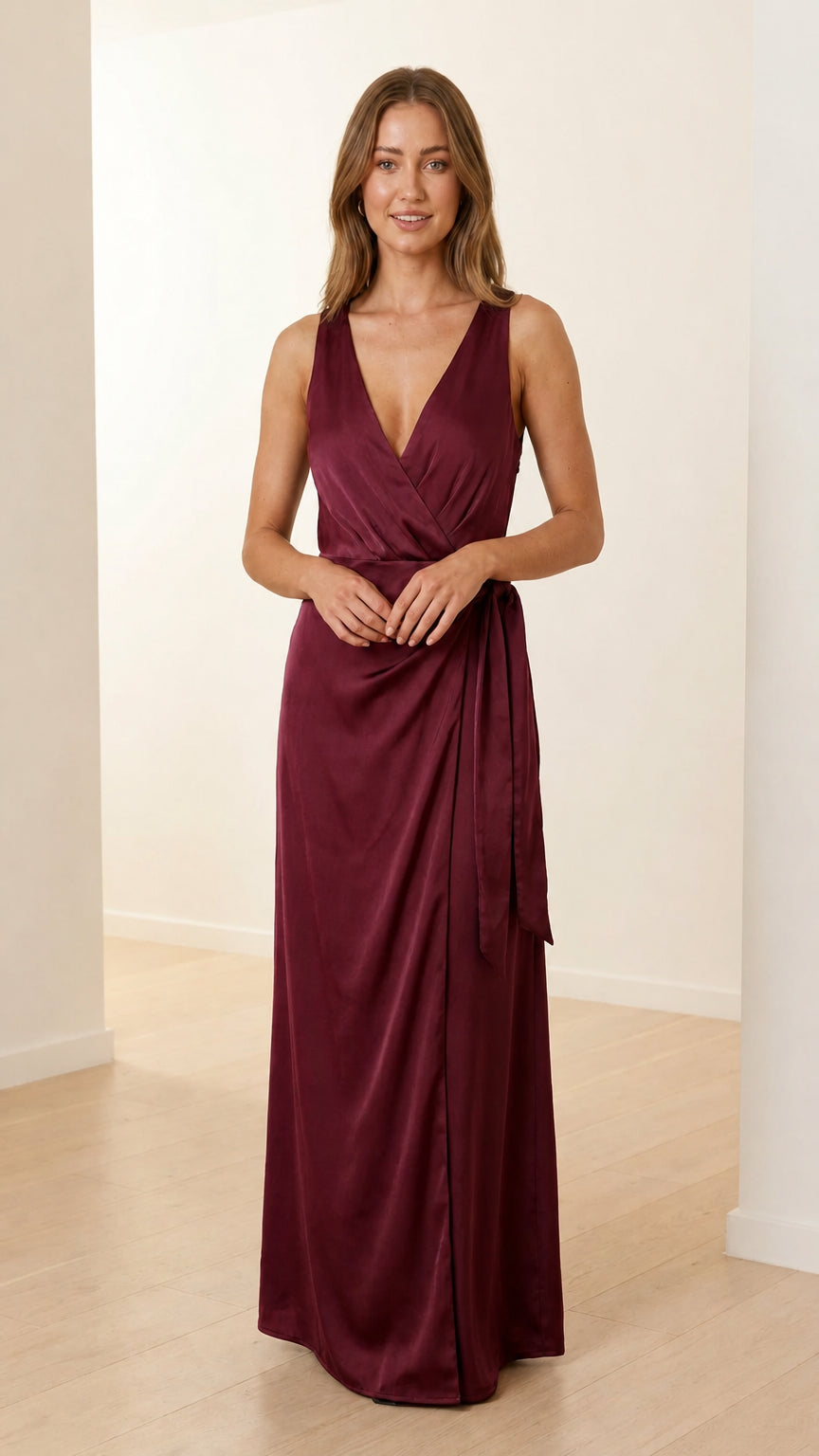 Front view of model in rich burgundy evening gown