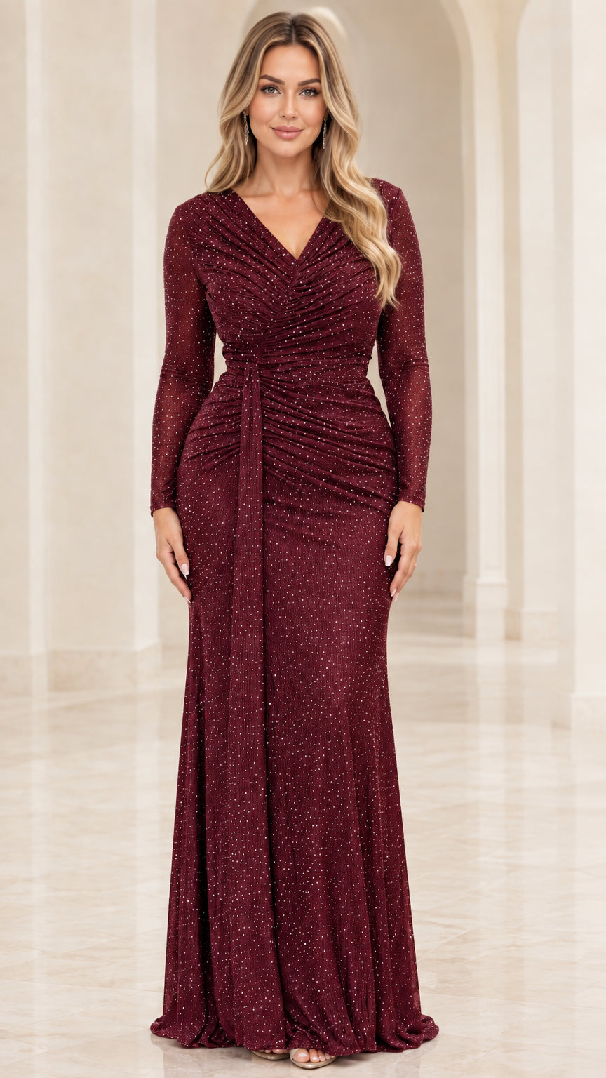 Full front view of Burgundy deep red sparkly long sleeve evening gown