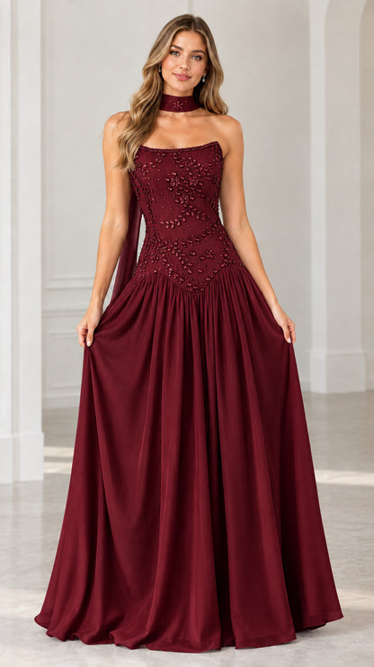 Burgundy wine strapless beaded ball gown with neck scarf