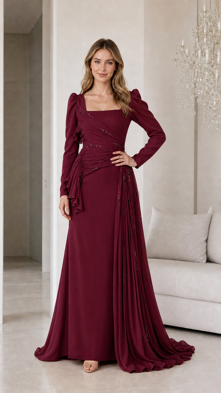 Front view of burgundy long sleeve pleated evening gown
