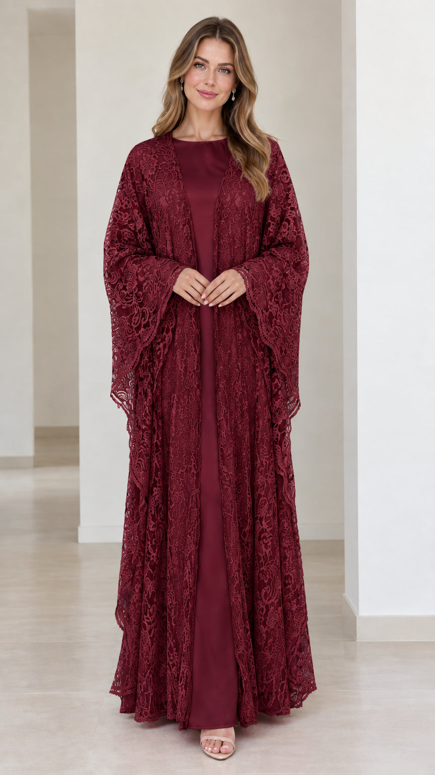 Full-length front view of burgundy wine red floral lace formal maxi gown set