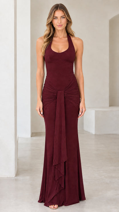 Burgundy wine red halter neck backless ruched maxi dress on model
