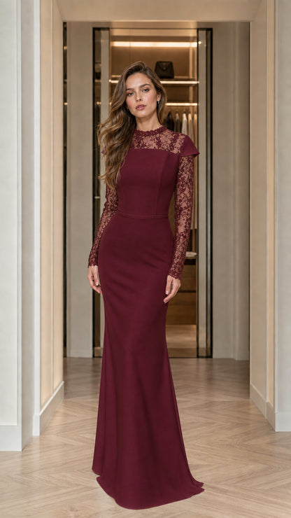 Front view of burgundy wine lace sleeve evening gown