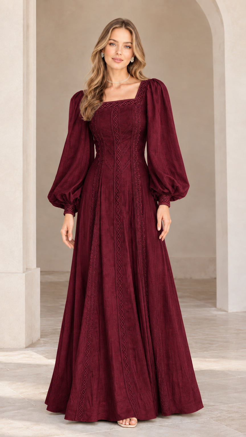 Front view of model wearing Burgundy long sleeve embroidered A-line maxi dress