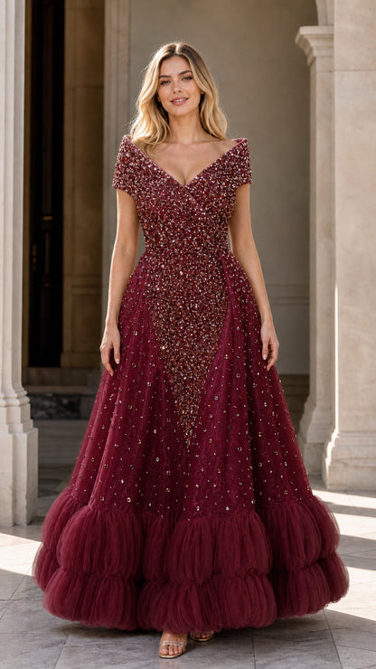 Front view of burgundy wine red beaded sequin tulle ball gown