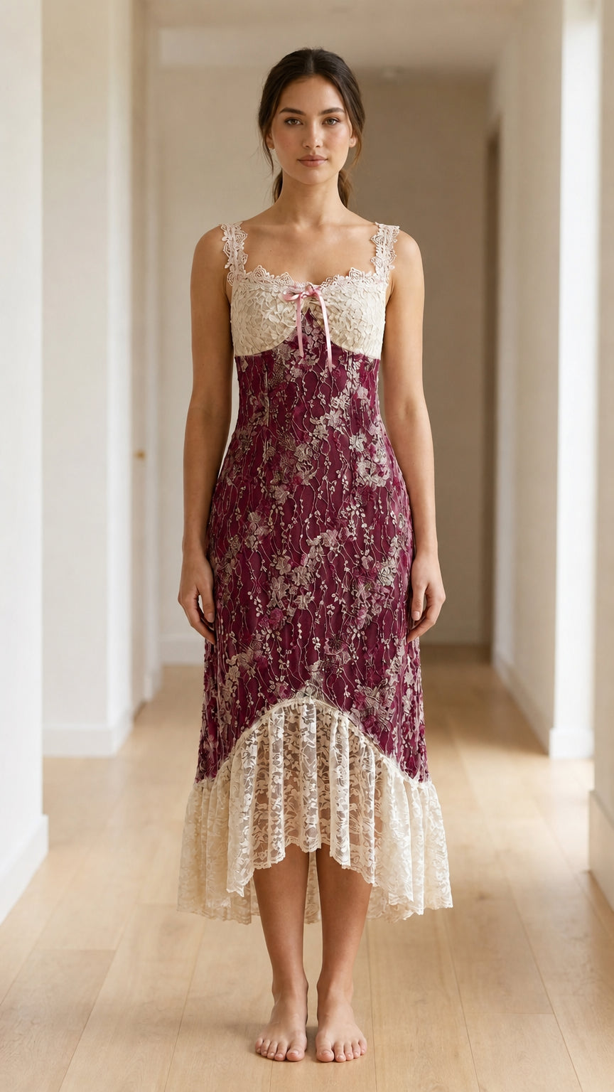 Model wearing burgundy floral midi dress with lace trim