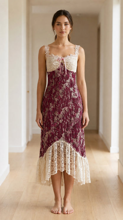 Model wearing burgundy floral midi dress with lace trim