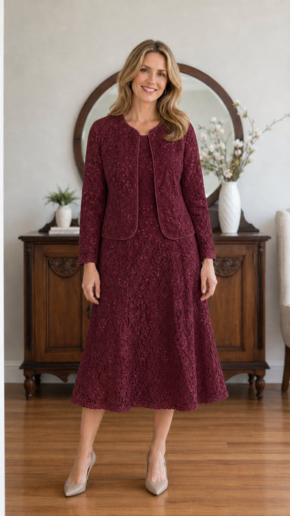 Full front view of model wearing the Burgundy floral lace midi dress and jacket set
