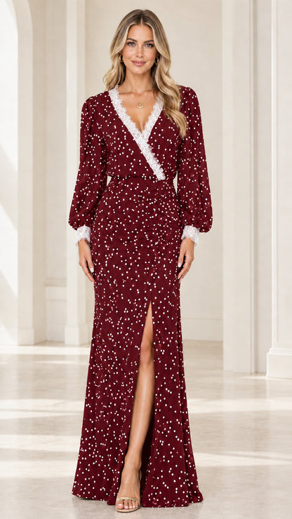 Front view of burgundy red polka dot evening maxi dress with lace trim