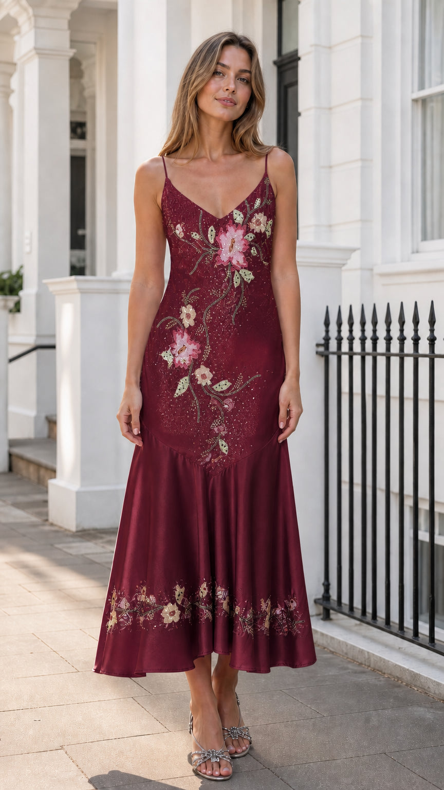 Front view of burgundy wine red satin slip midi dress with floral embroidery