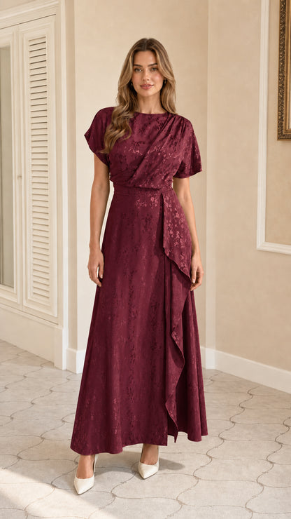 Front view of burgundy draped ruffle maxi dress