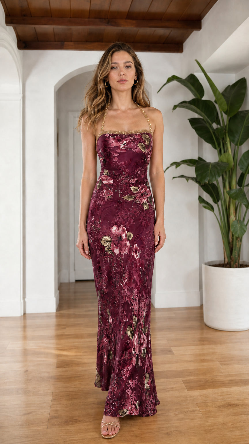 Front view of model in Burgundy floral maxi slip dress