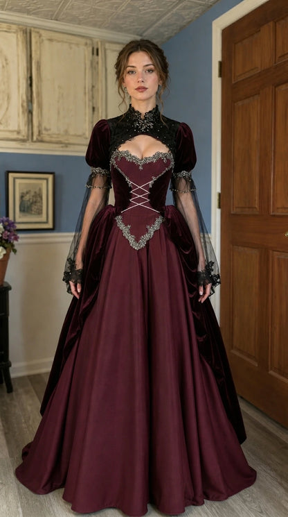 Victorian Gothic velvet ball gown in burgundy
