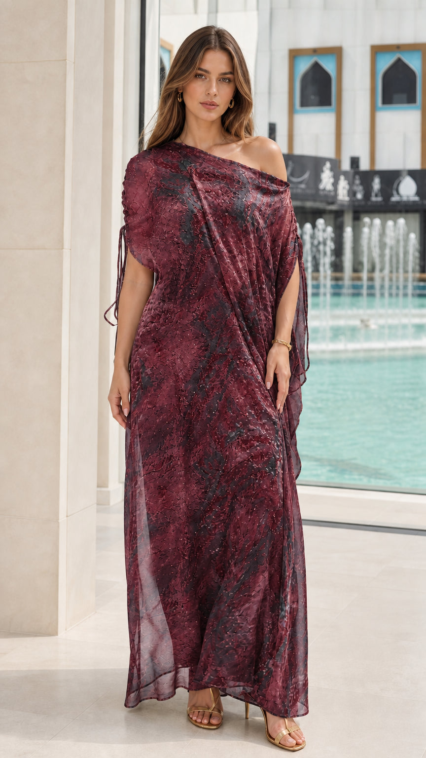 Front view of model wearing Burgundy wine printed kaftan maxi dress