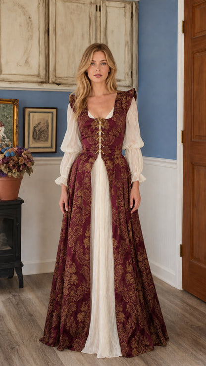 Renaissance medieval lace-up overdress gown in burgundy