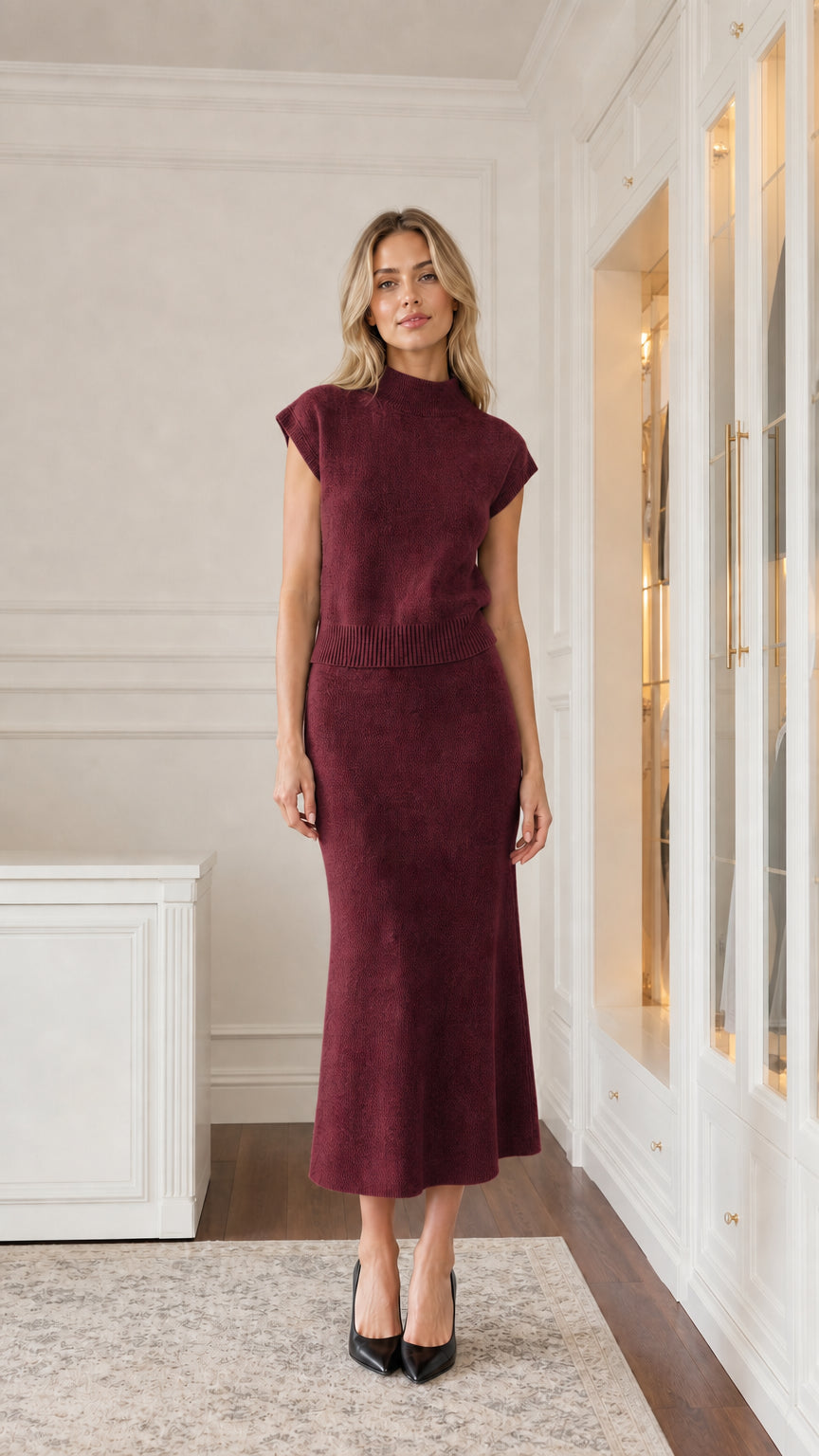 Front view of woman wearing burgundy knit two-piece set