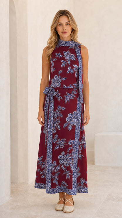 Front view of burgundy color variant with blue floral print