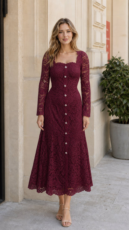 Front view of the floral lace long sleeve midi dress in burgundy wine red