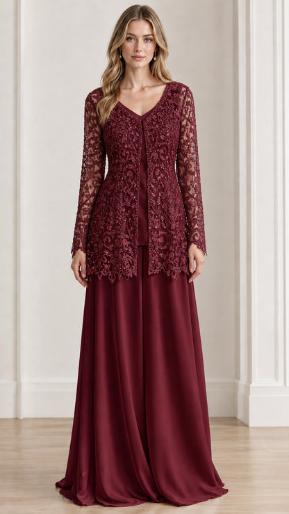 Burgundy formal lace tunic jacket and palazzo pant set for mother of the bride