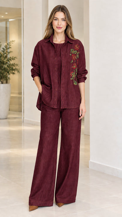 Burgundy wine red floral embroidered matching shirt and wide-leg trousers set