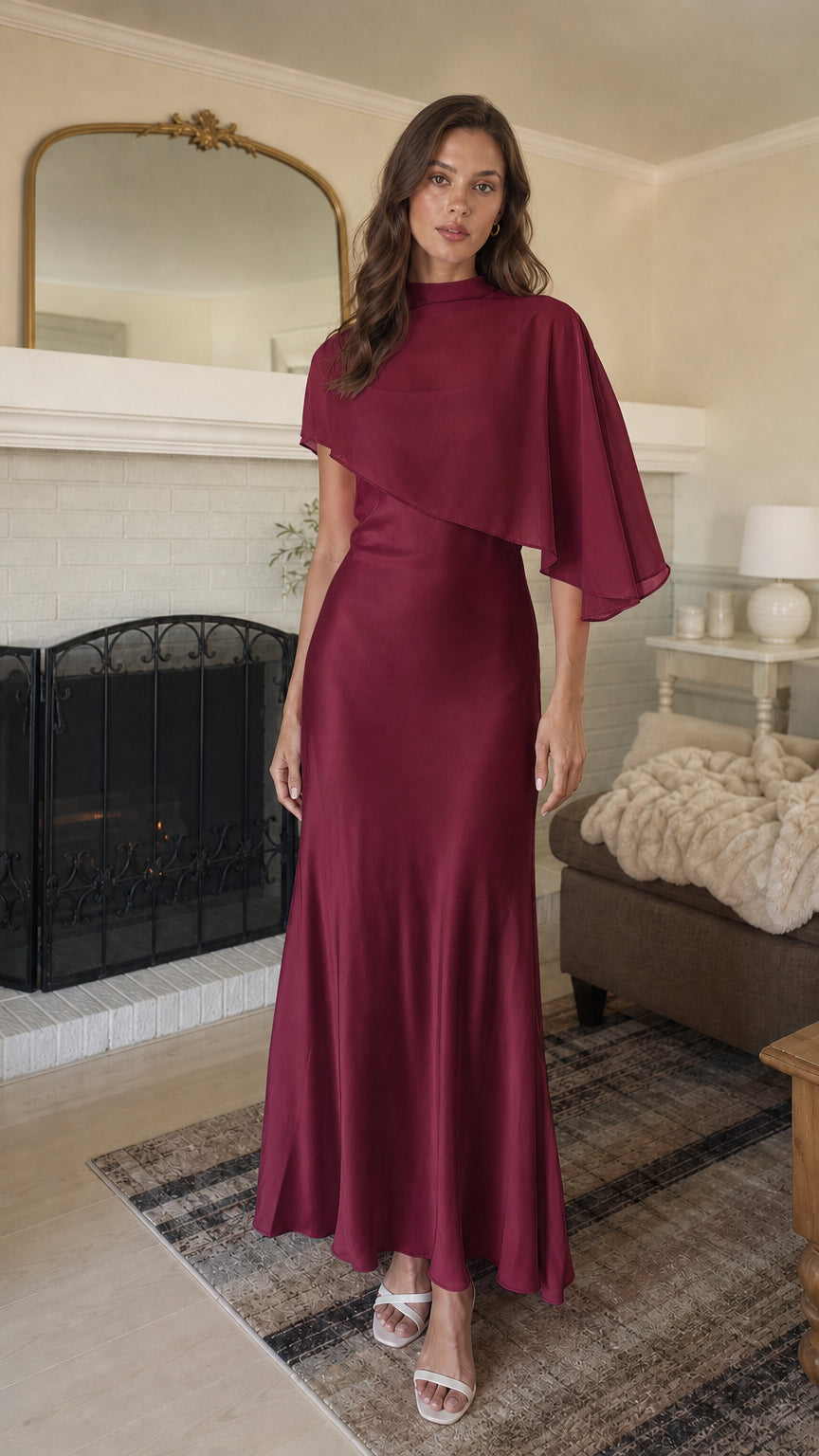 Front view of Burgundy mock neck cape maxi dress