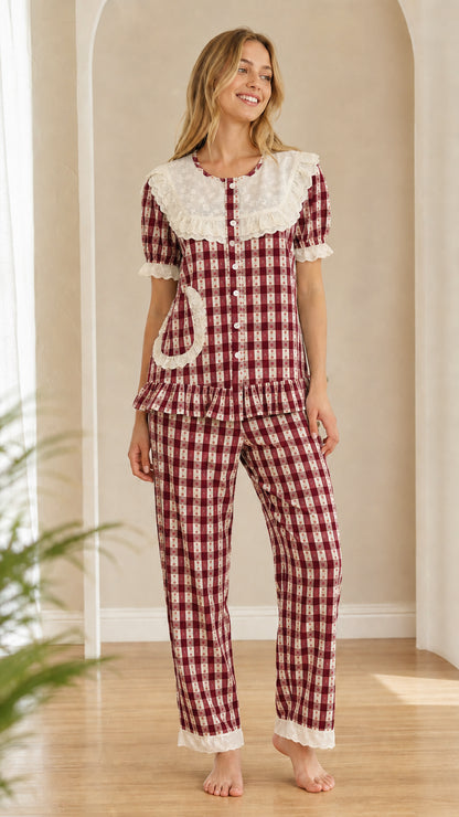 Model wearing burgundy wine red plaid pajama set with lace collar