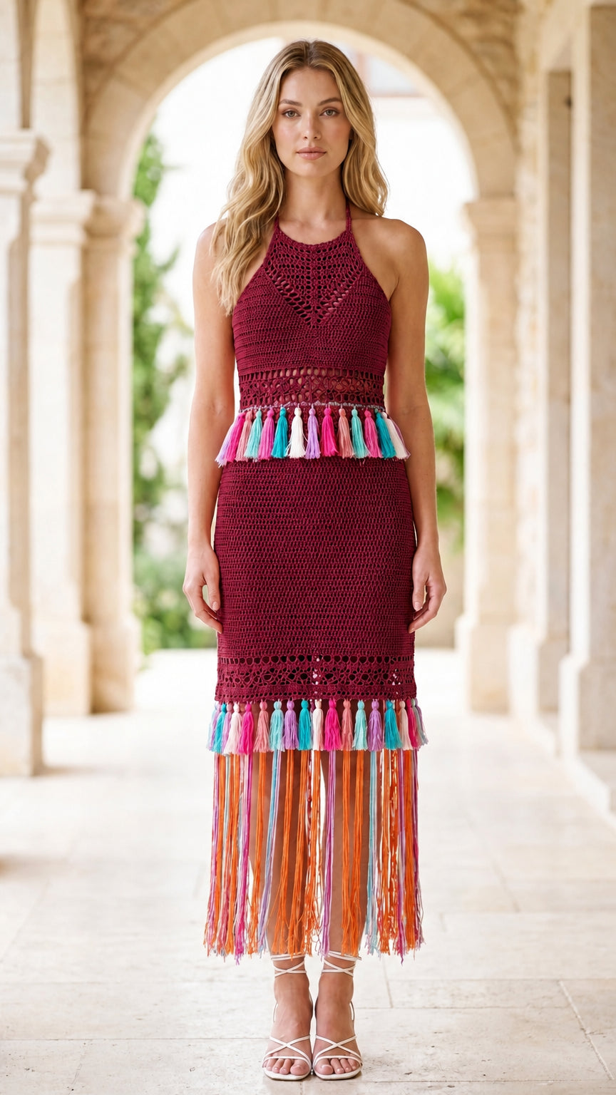 Model wearing burgundy crochet midi dress with multi-colored fringe