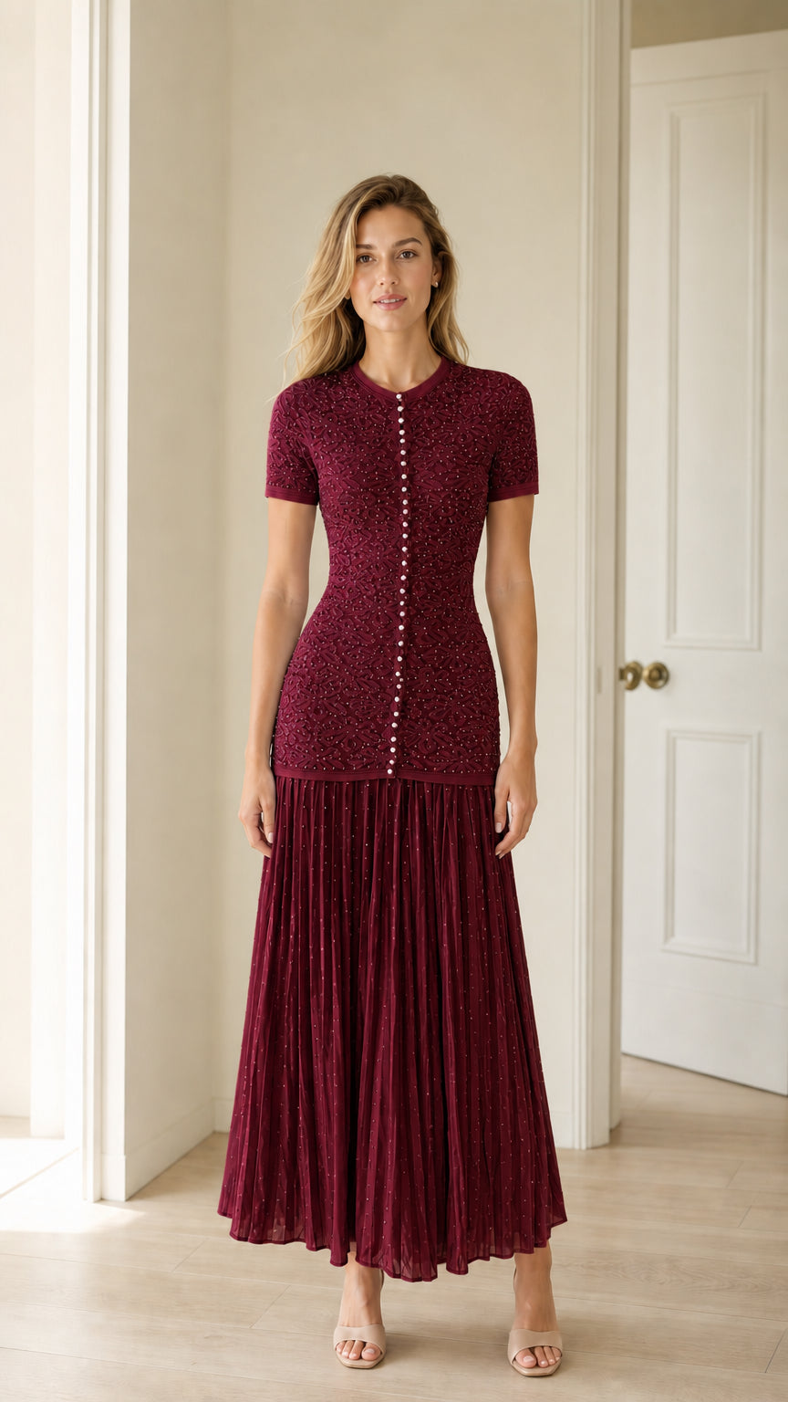 Front view of burgundy pearl button knit bodice pleated midi dress