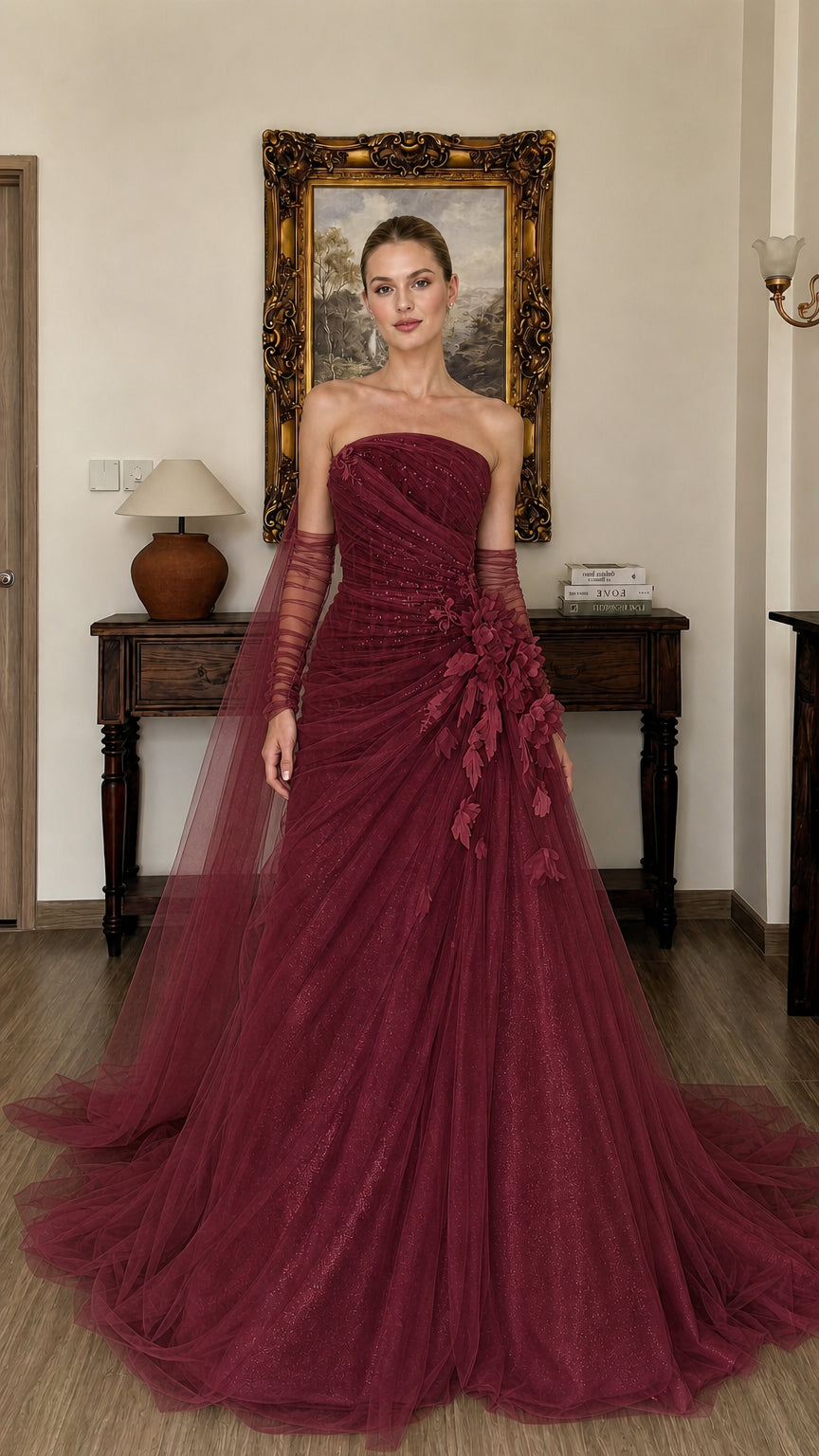 Burgundy version of the strapless tulle evening gown