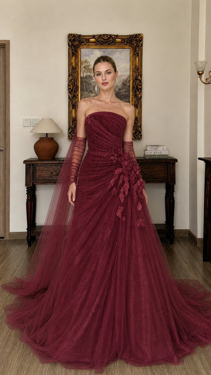 Burgundy version of the strapless tulle evening gown