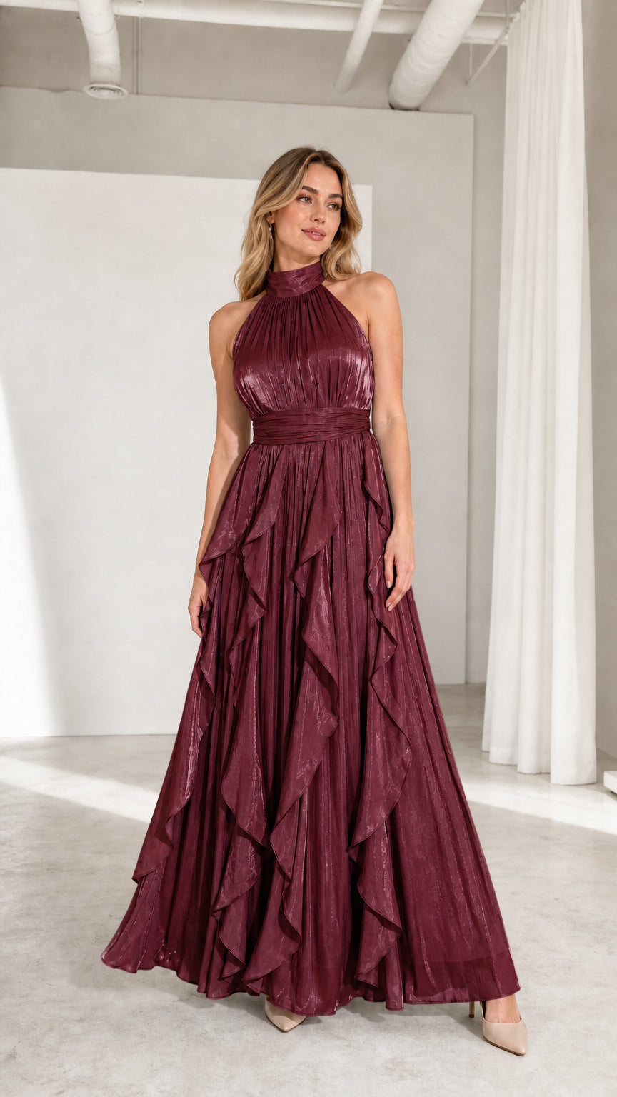 Front view of model wearing burgundy high-neck pleated ruffle maxi dress