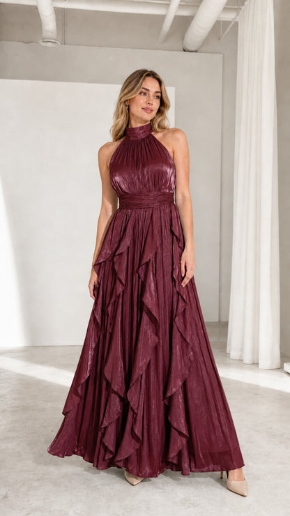 Front view of model wearing burgundy high-neck pleated ruffle maxi dress