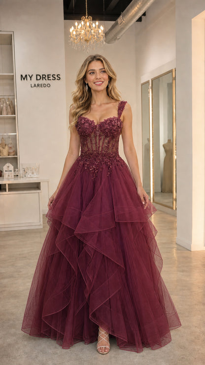 Front view of burgundy tulle ball gown