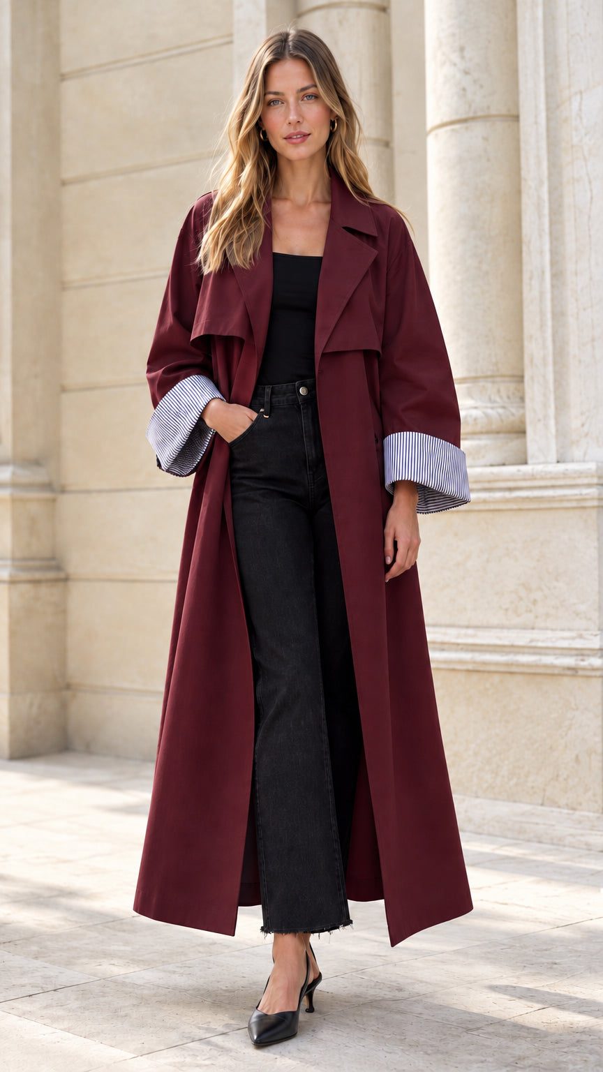 Model wearing rich burgundy wine maxi trench coat with contrast cuffs